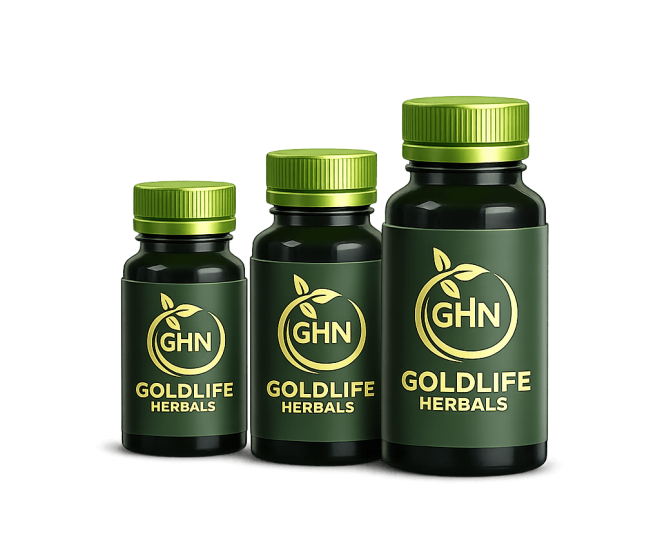 Three Goldlife Herbals herbal supplement display on transparent bg